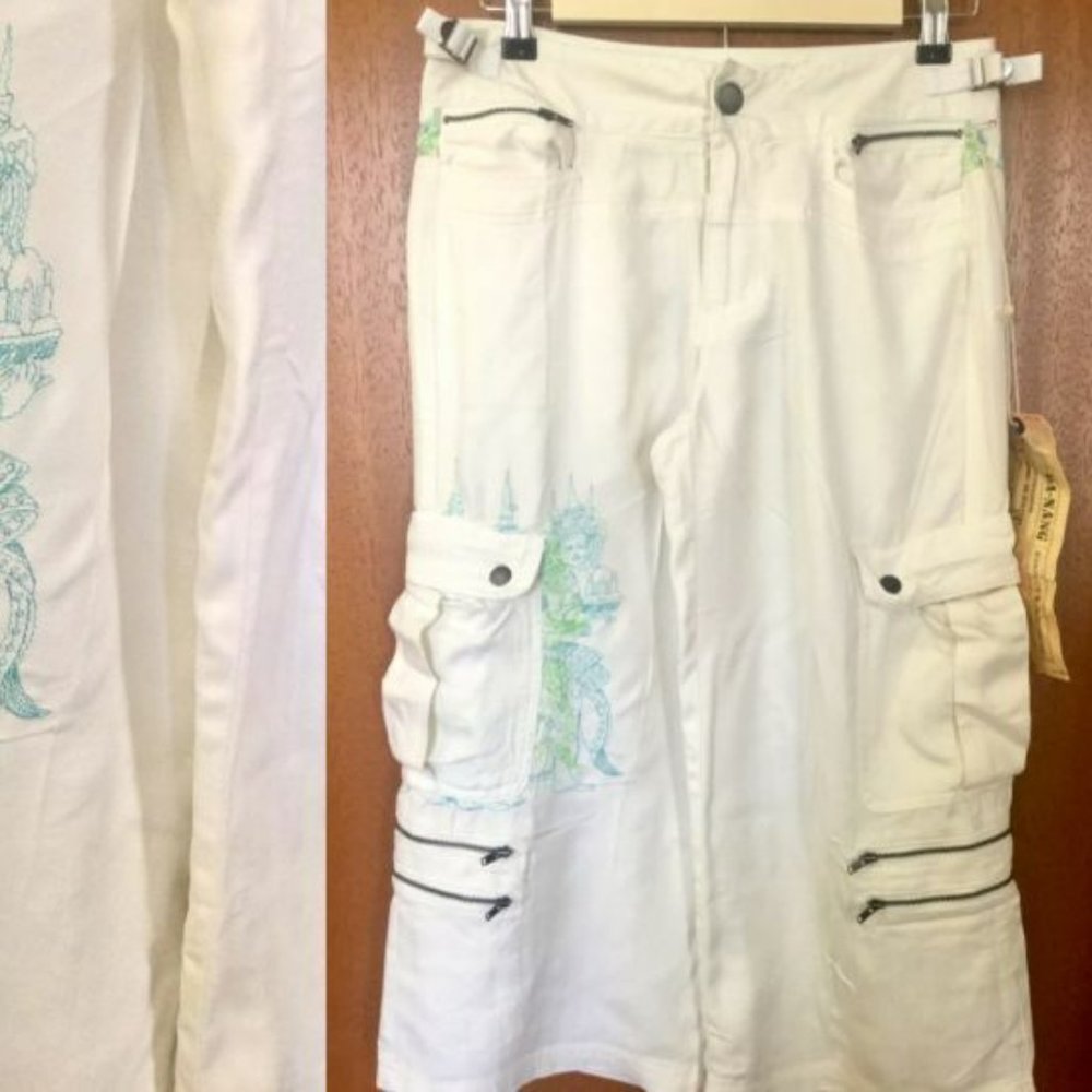 NEW RARE ~ Da-Nang Surplus White 100% Silk Cargo Embroidered Capris Shorts -XS-S